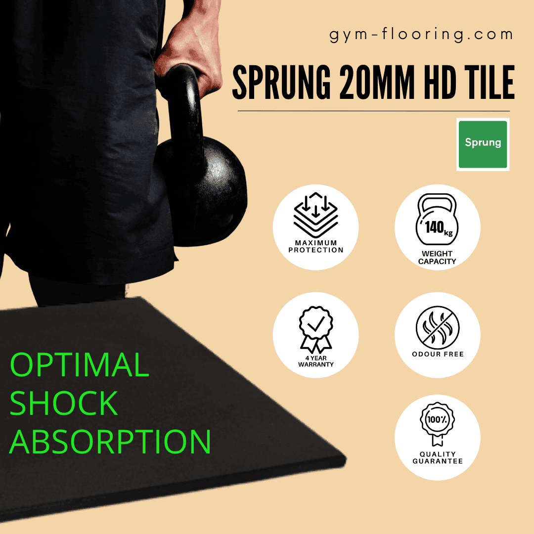 20mm Sprung PRO Gym Flooring - Highest Rated in UK - Heavy Duty - Smooth Top Surface - Premium Quality